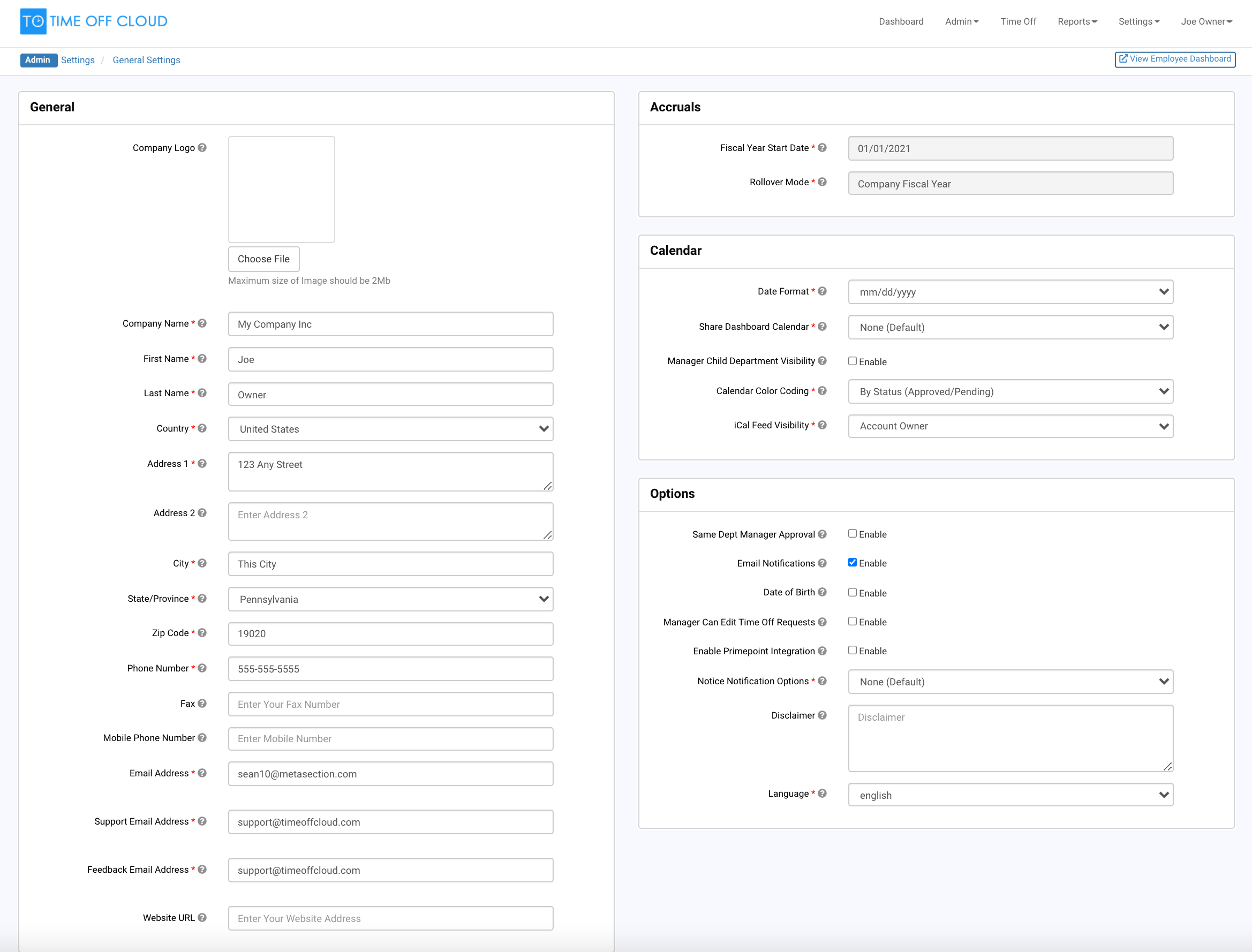 Company Settings Time Off Cloud